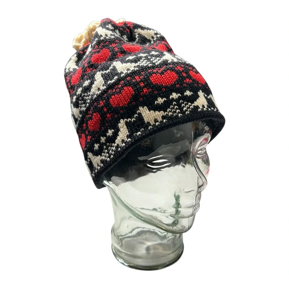 Vintage Fair Isle Wool Beanie Nordic Scandi Ski Hat Red Black Heart Pattern OS